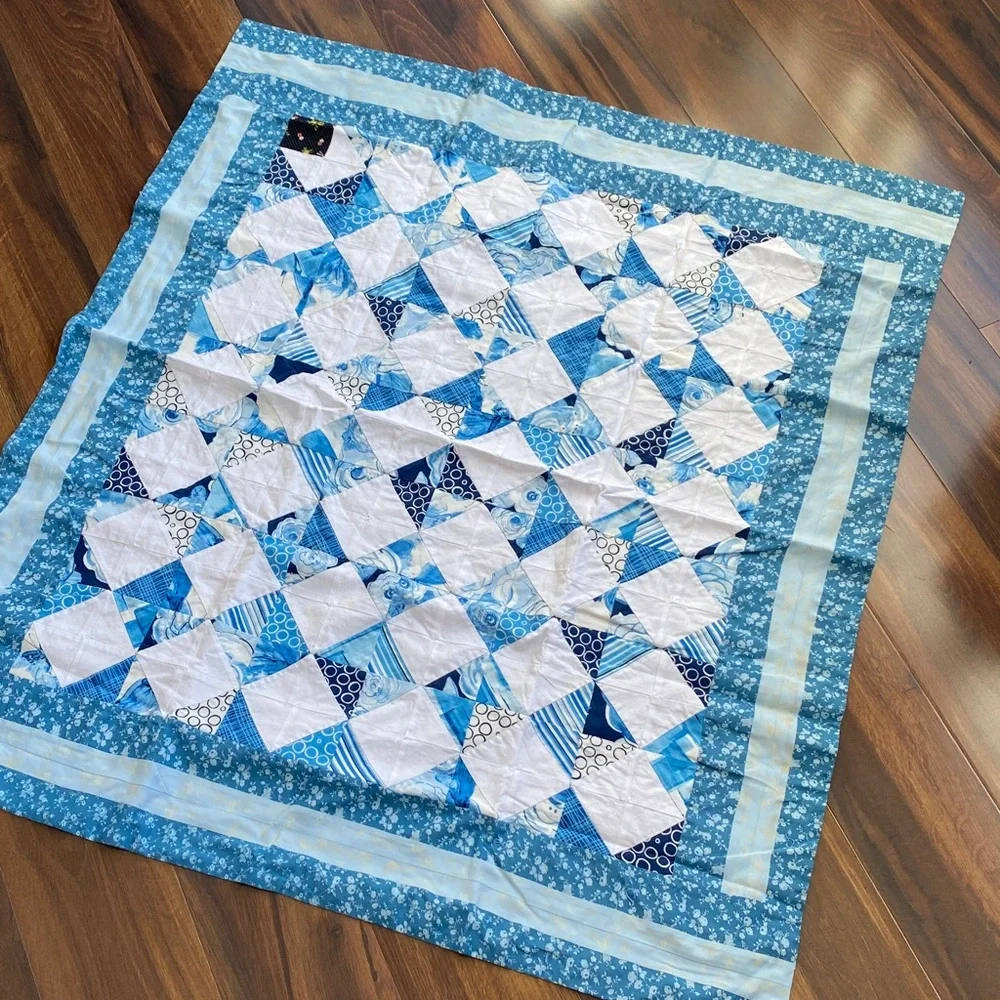 40”x44” Handmade Patchwork Knot Square Quilt Blue Florals Cotton